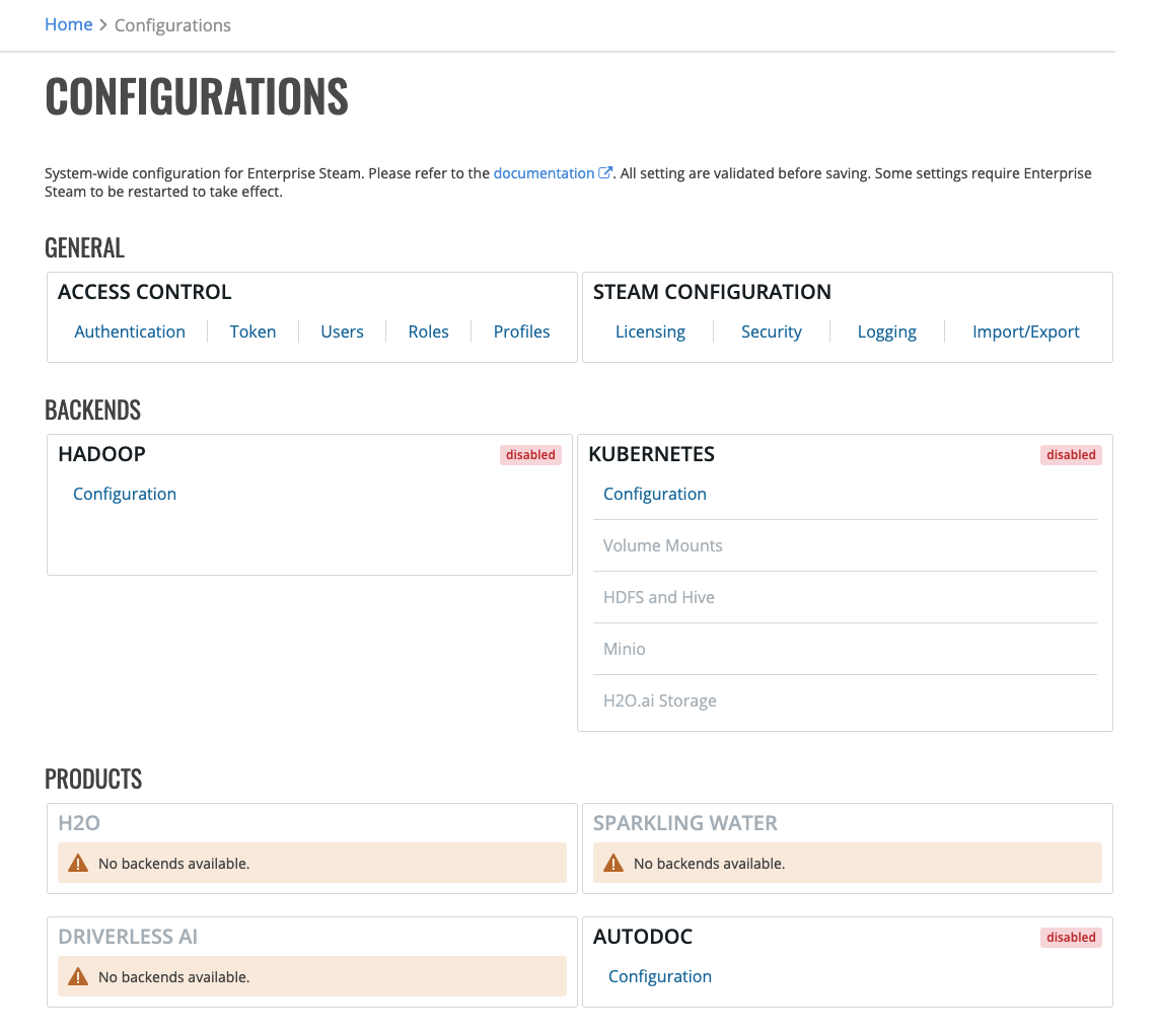 Configurations page