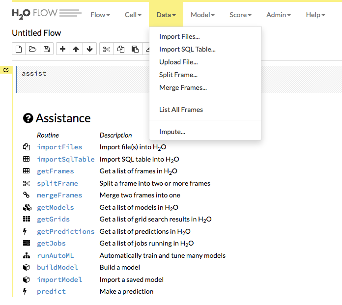 H2O Flow data menu