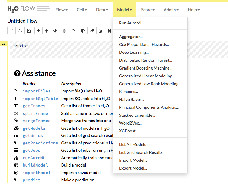H2O Flow model menu