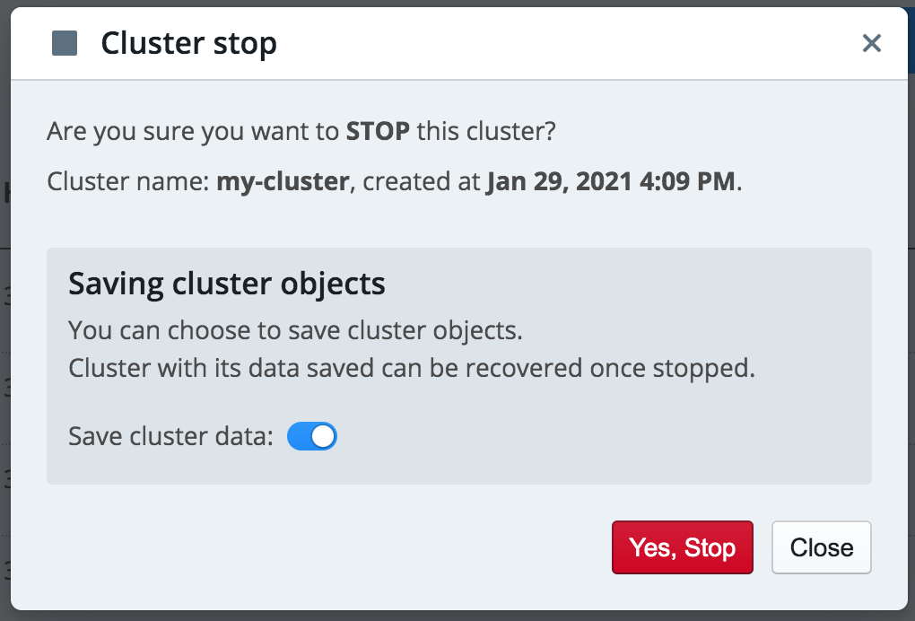 Stop cluster dialog