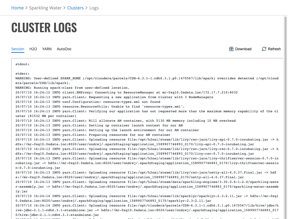 Sparkling Water cluster logs
