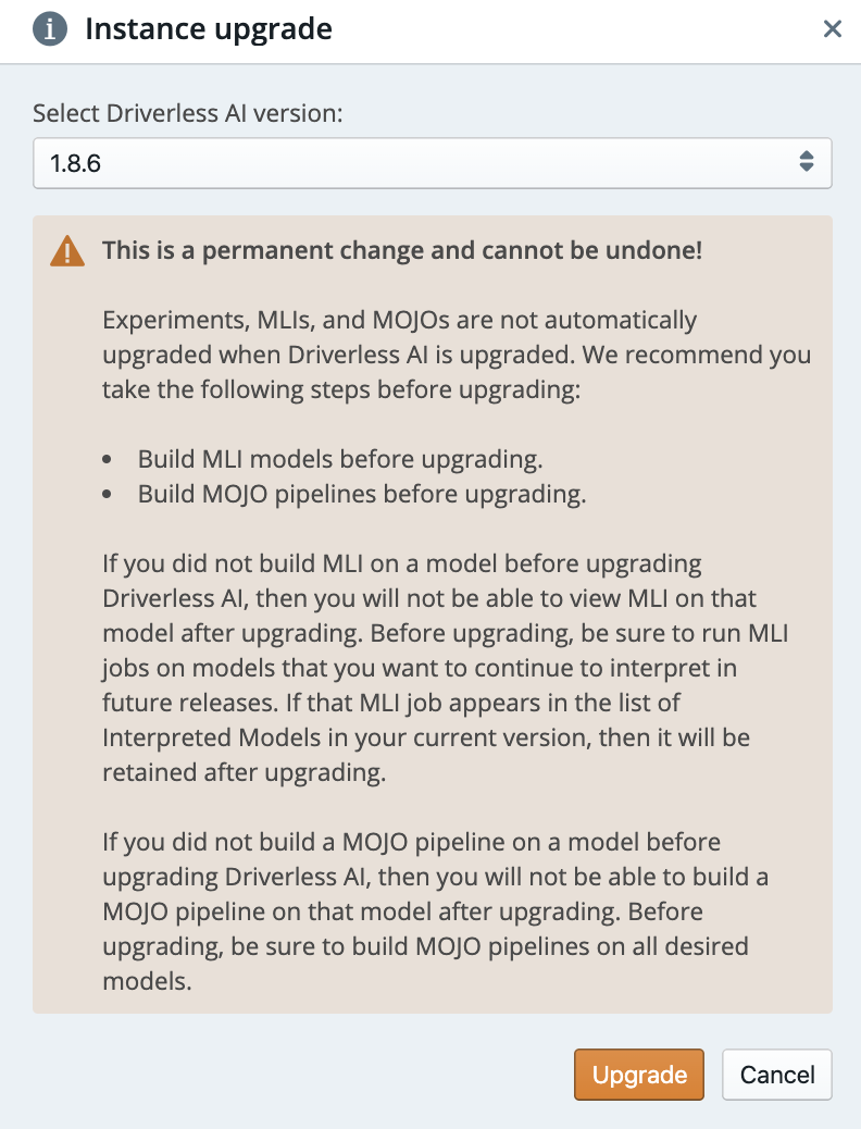 Upgrade Driverless AI instance prompt